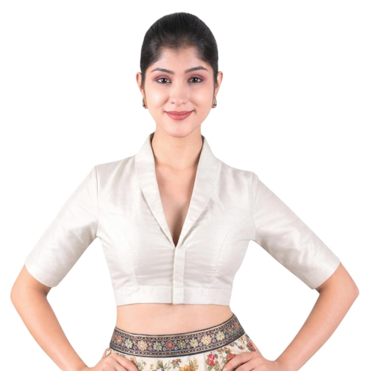 India Blouse WomenS Solid Collar Neck Readymade Saree Blouse | Front Open Non Padded | Half Sleeve Art Silk Blouse (Off White, 4 40