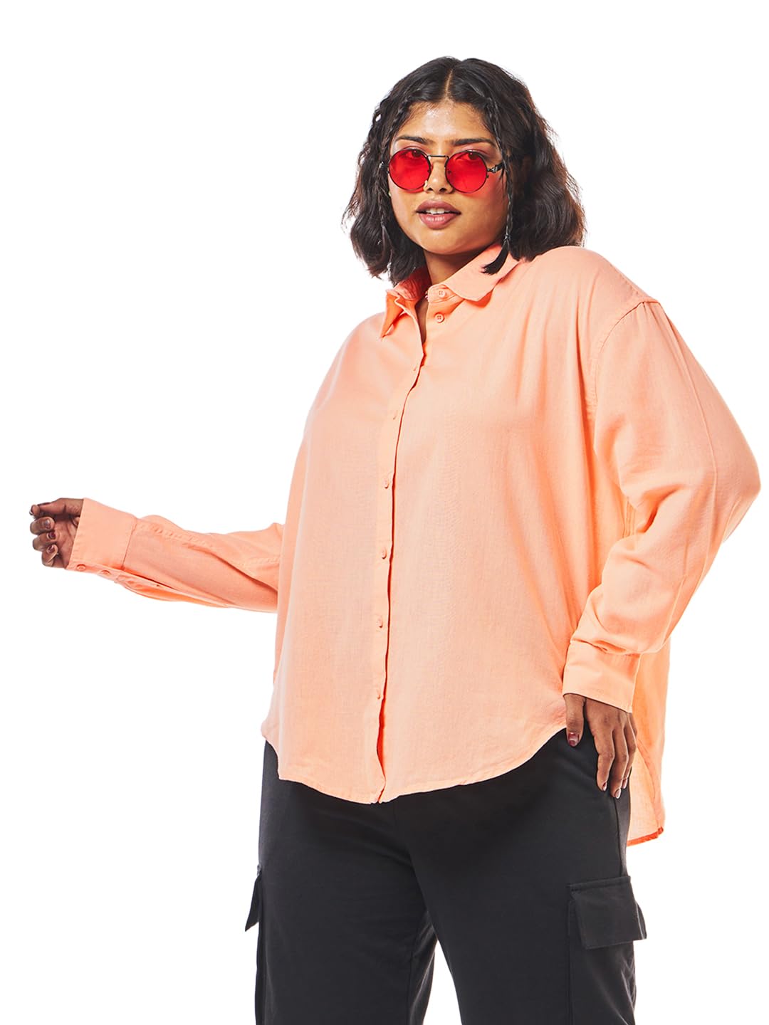Bewakoof Womens Solid Oversized Fit Full Sleeve Collared Neck Cotton Linen Plus Size Shirt_628206_Orange_5XL