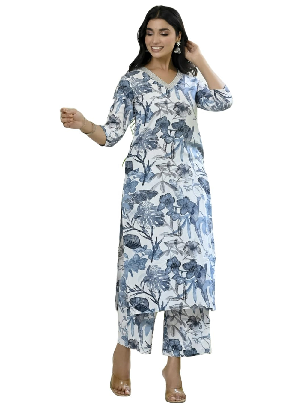 ANNI DESIGNER Womens Cotton Blend Straight Printed Kurta with Palazzo (Chinki White_M_White_Medium)
