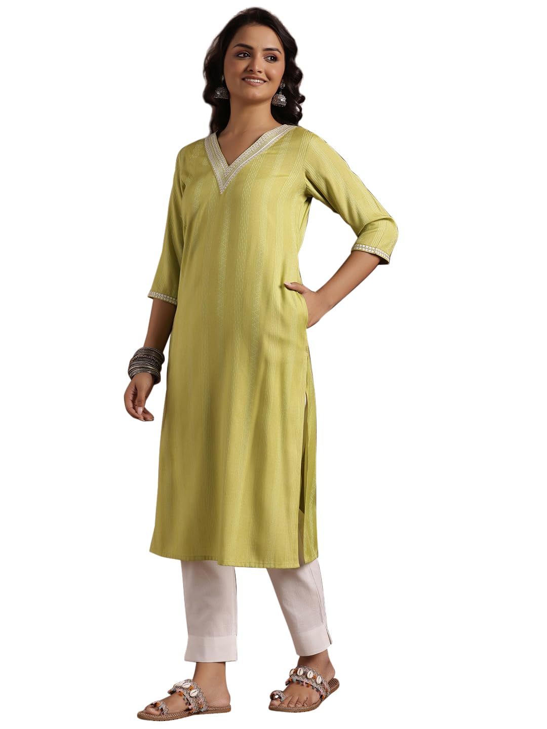 Libas Womens Woven Design Cotton Straight Kurta For Women Lime Green