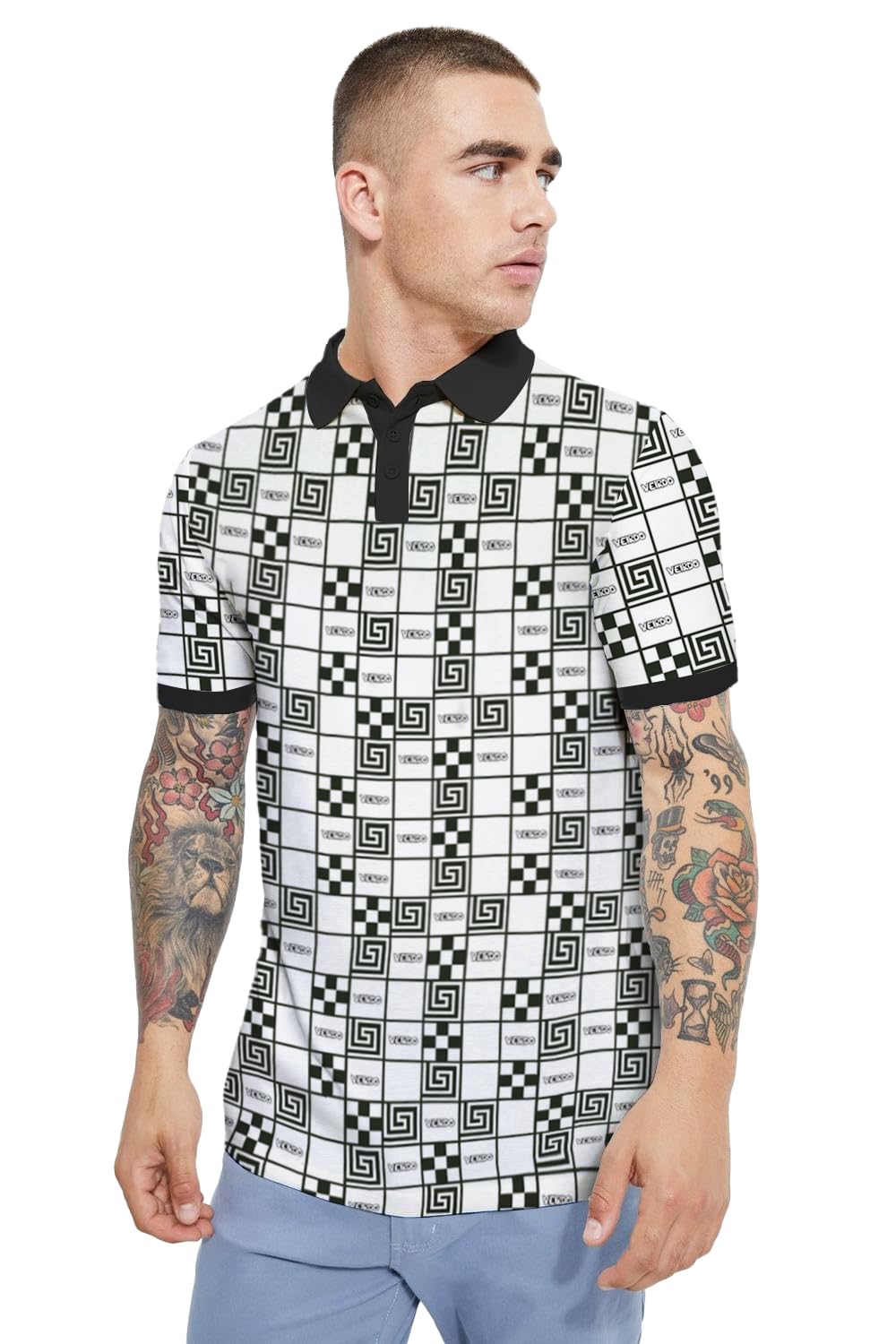 Veirdo Men's Cotton All Over Box Printed Regular Fit Polo T-Shirt