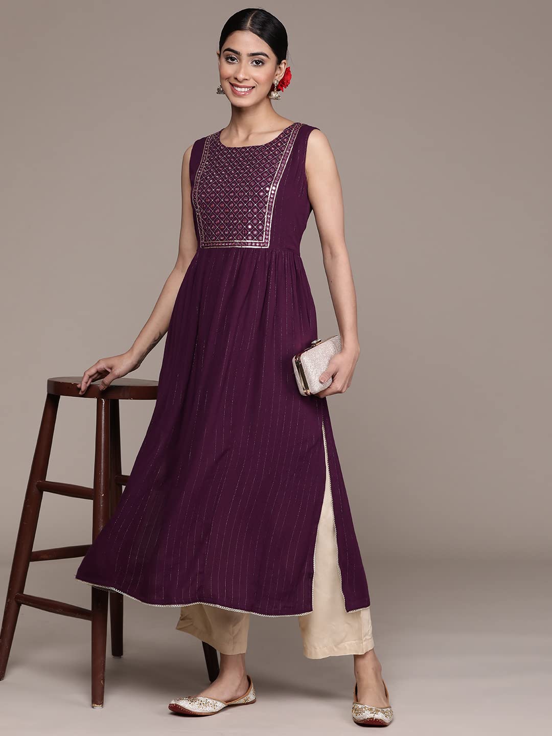 Ishin Women'S Viscose Rayon Embellished Black Mirror Work Anarkali Kurta