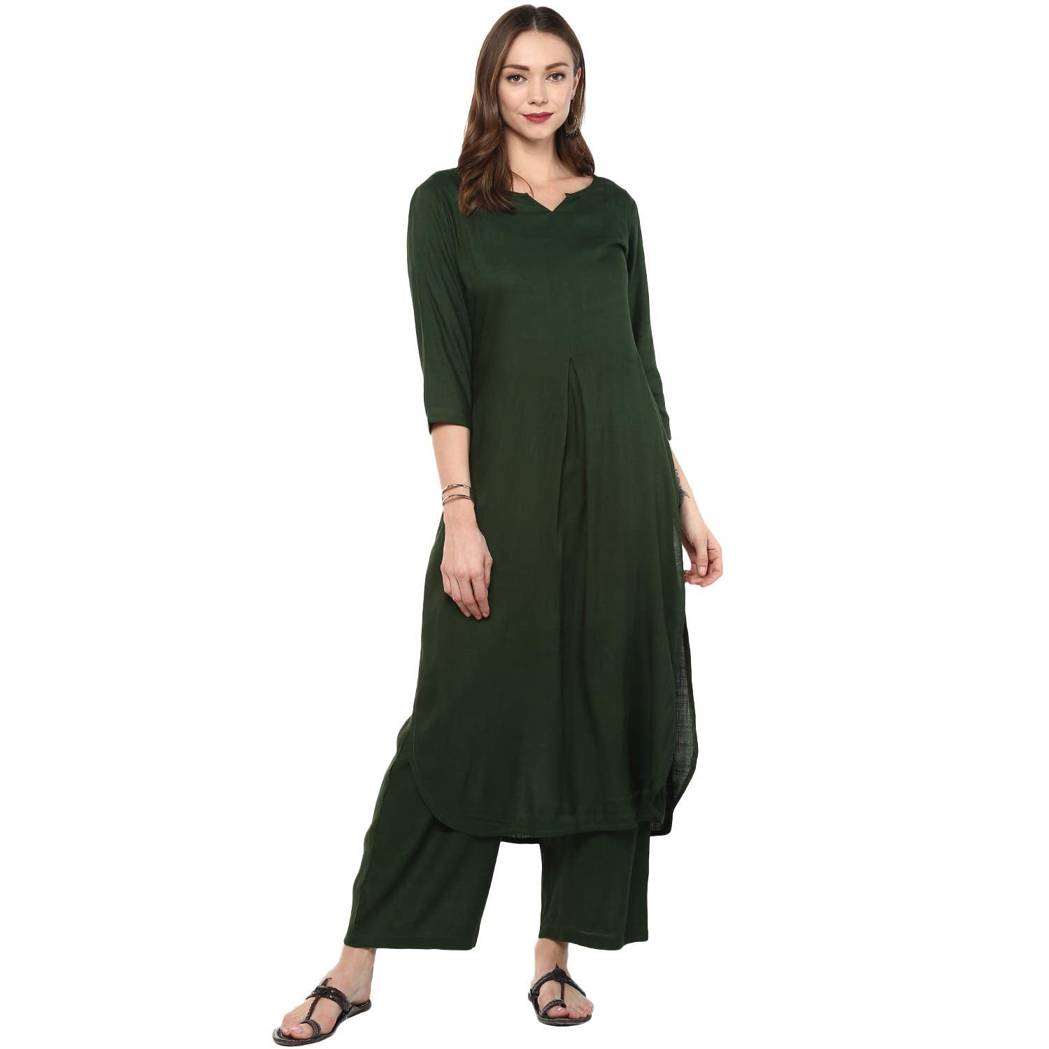 Idalia Green Rayon Straight Solid Kurta Set For Women Stylish Boat Neck Design Kurta Set With Pant