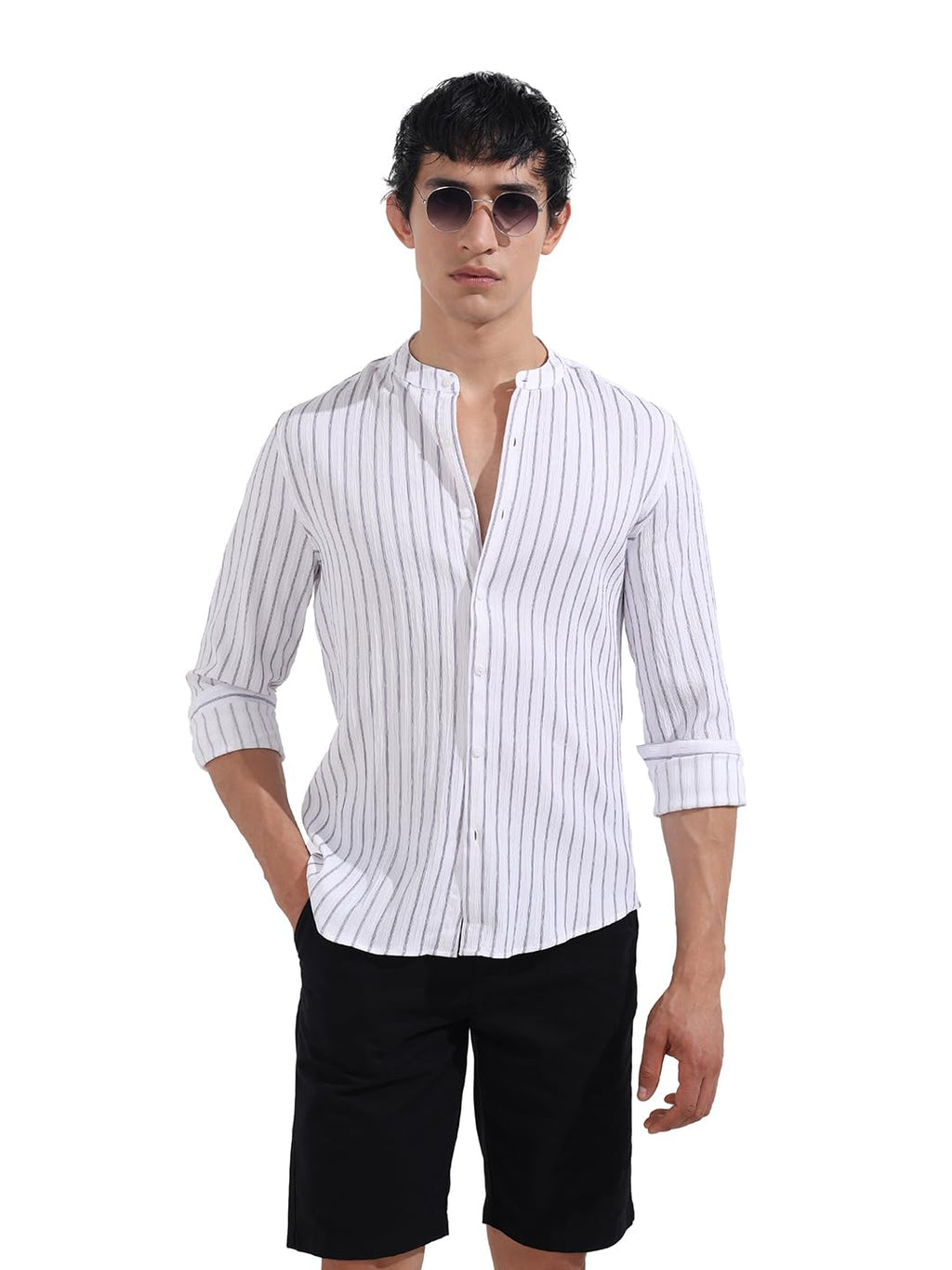 The Indian Garage Co Mens Regular Fit Vertical Striped Mandarin Collar Long Sleeves Sweater
