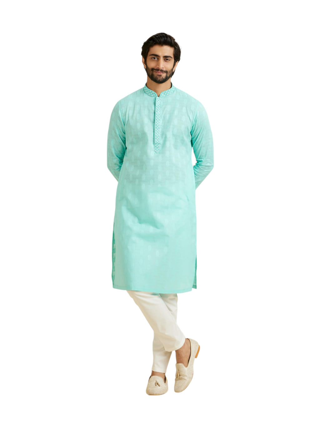 Manyavar MenS Cotton Neck Embroidery Kurta Pyjama Set(Aqua Green,Xxxl)