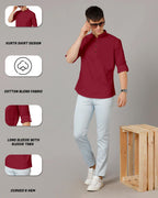 Zombom MenS Cotton Blend Solid Regular Fit Casual Mandarin/Chinese Collor Short Kurta Maroon