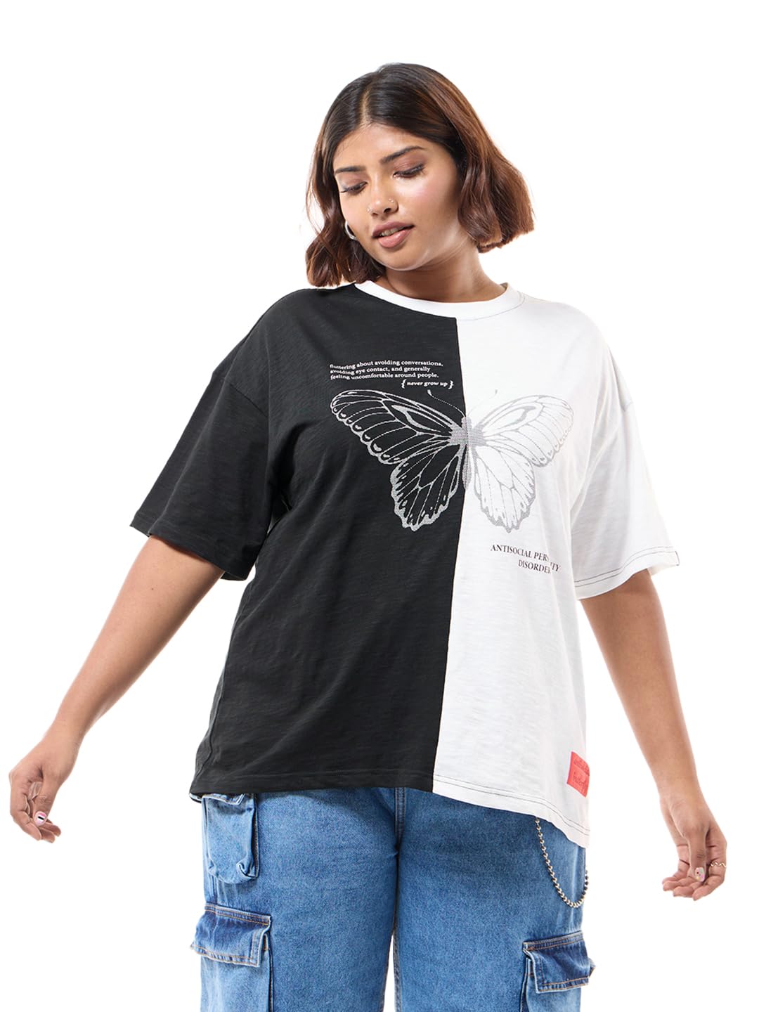 Bewakoof Air 1.0 Womens Graphic Print Oversized Fit Half Sleeve Round Neck Cotton Slub Plus Size T-Shirt_634025_Black_3XL