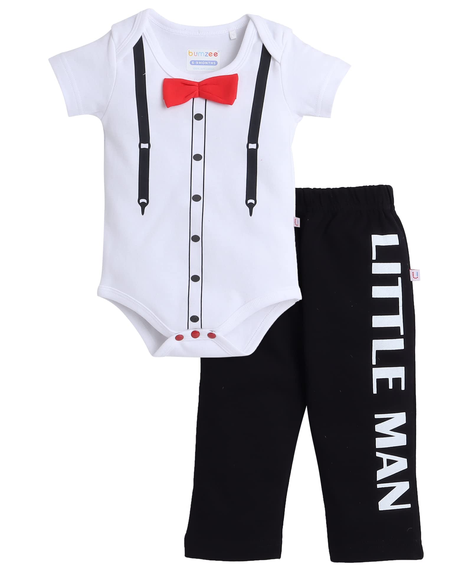 Bumzee White & Black Boys Half Sleeves Bodysuit & Pyjama Set Age - 3-6 Months (Peb8039C-Wht.Blk)