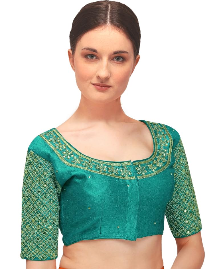 Pujia Mills Womens Embroidery Handwork Sequence Work Necklace Design Readymade Blouse (Rama, 36)