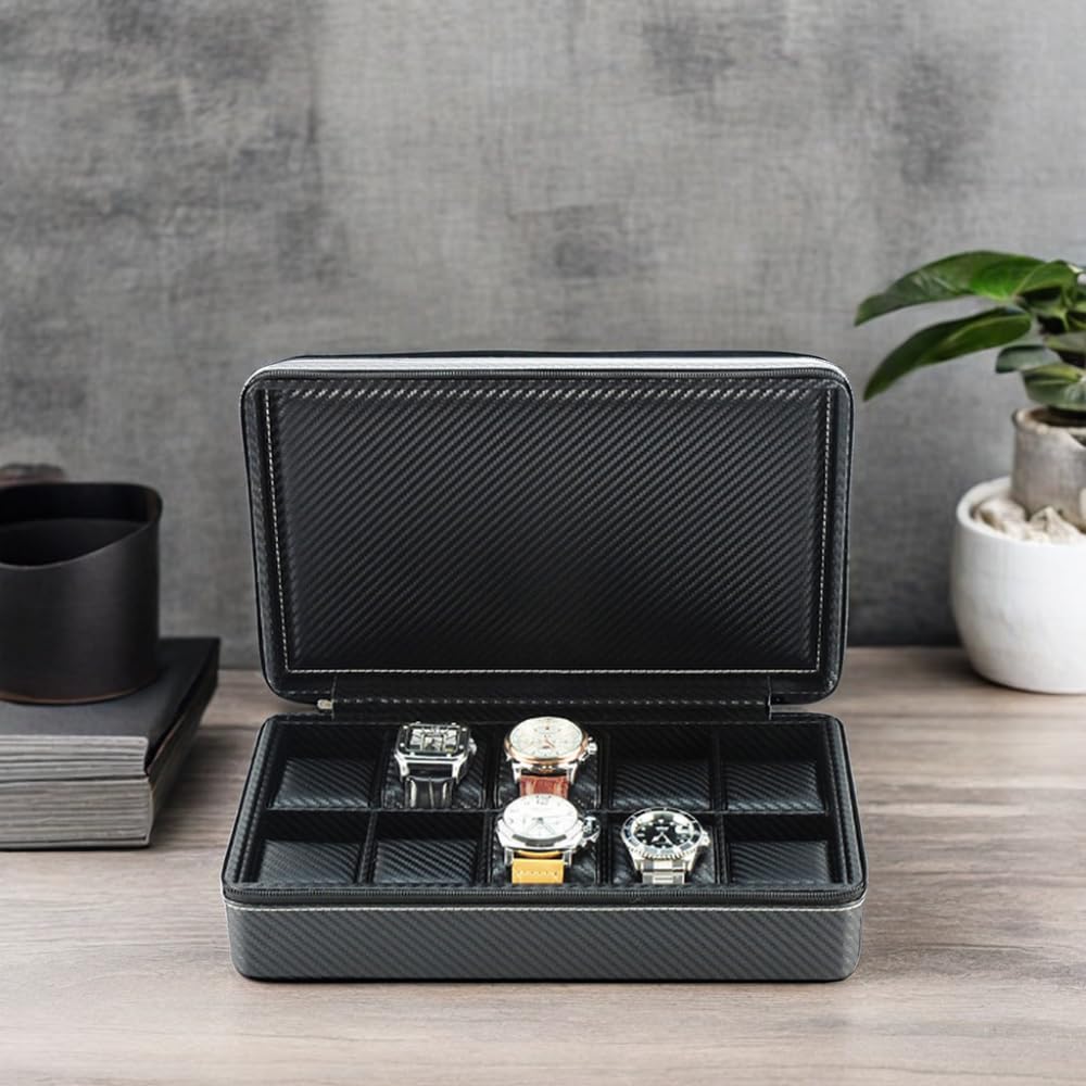 TimelyBuys 10 Watch Briefcase Black Carbon Fiber Zippered Travel Storage Case 50MM Father's Day