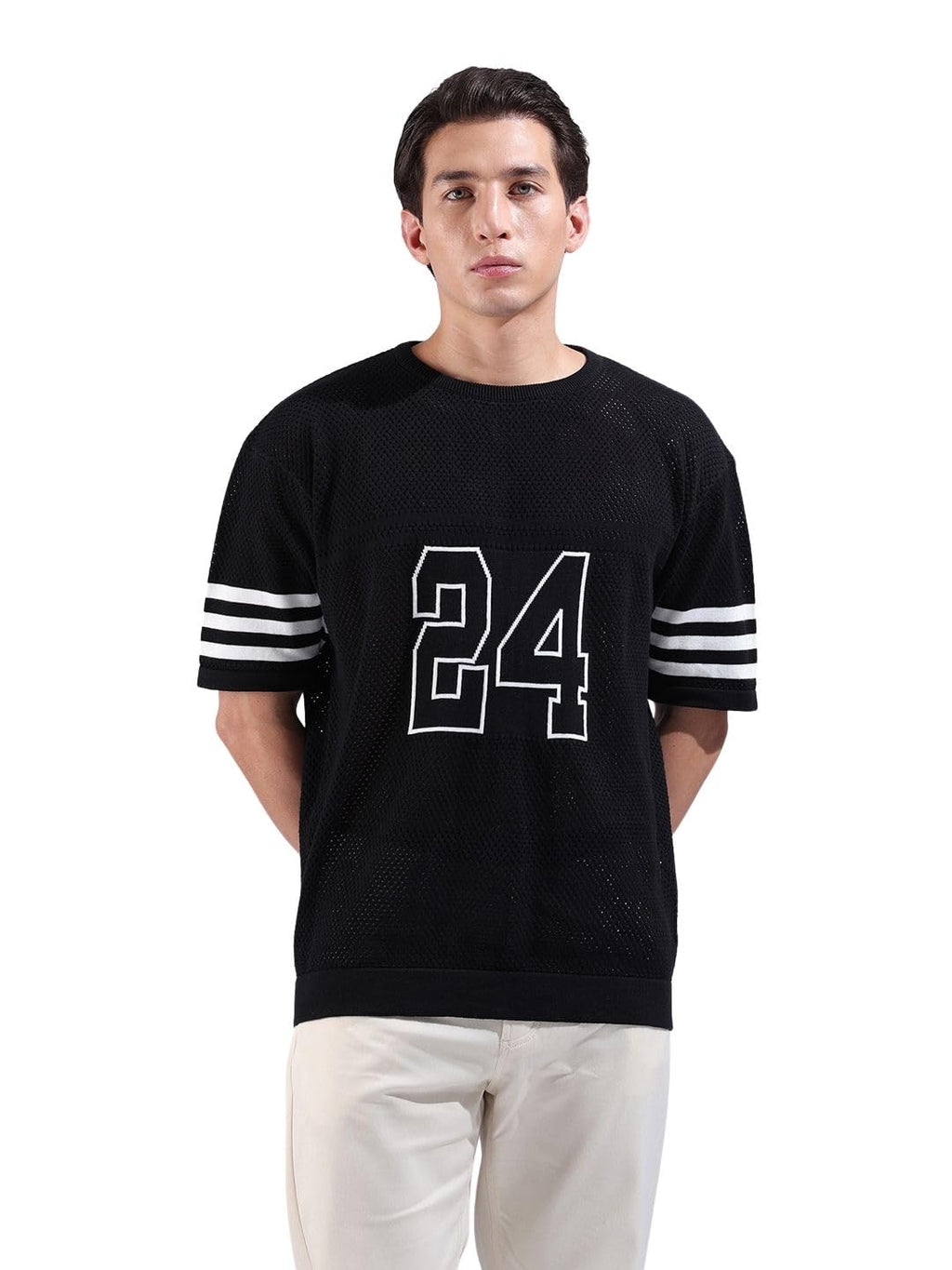 The Indian Garage Co Mens Oversized Textured Flatknit Half Sleeves Crew Neck Sweater