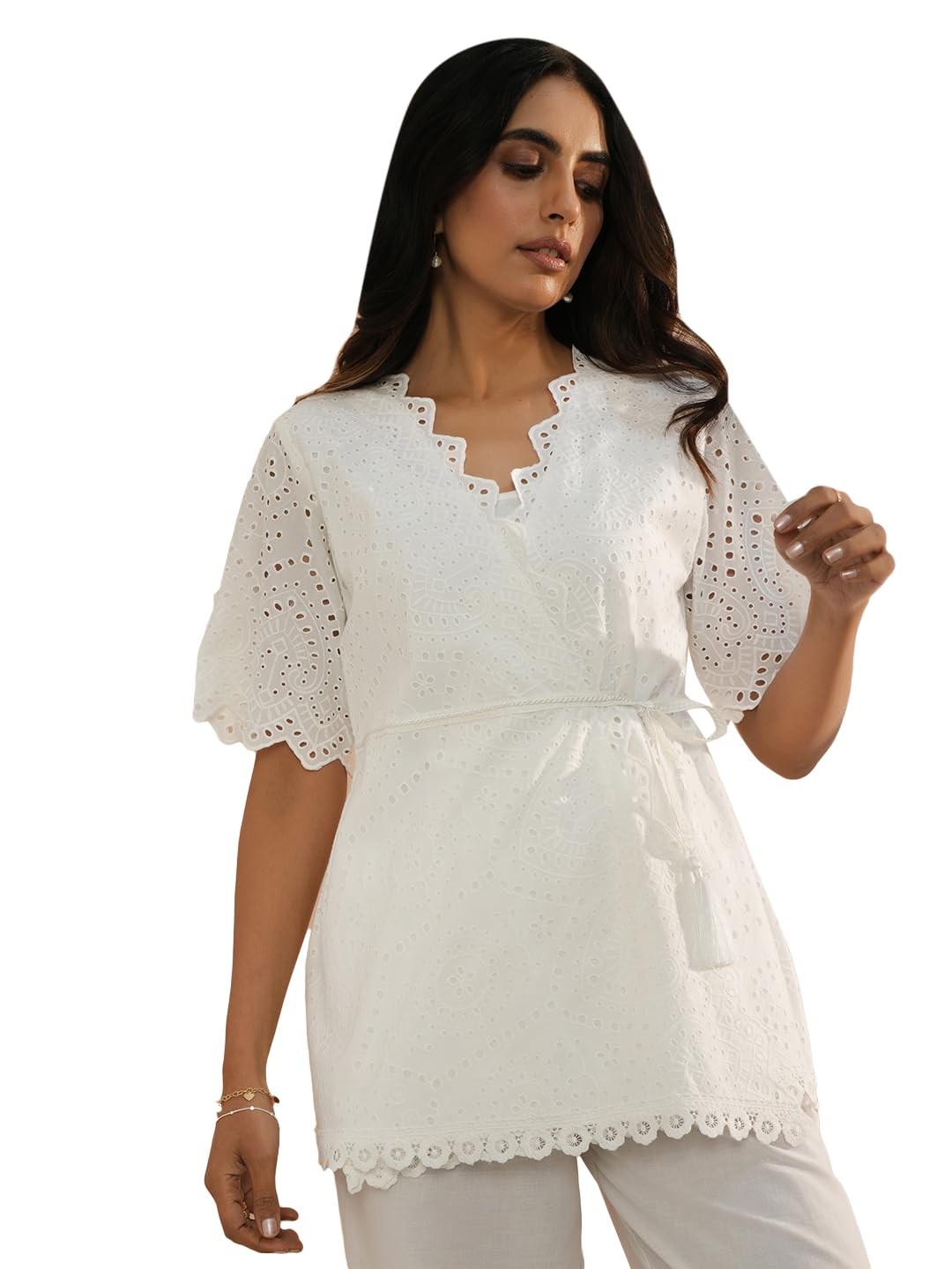 Libas Womens Schiffli Cotton Straight Kurti For Women White