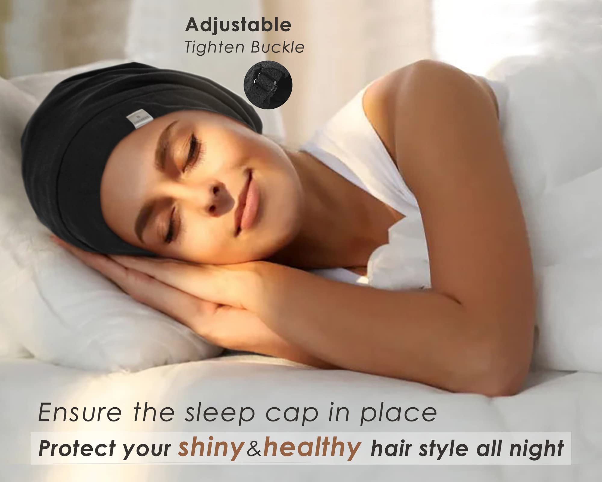 Yanibest 100% Mulberry Silk Lined Sleep Cap Christmas Silk Bonnet for Sleeping - Dark Black Hair Cover Bonnet for Natural Hair A