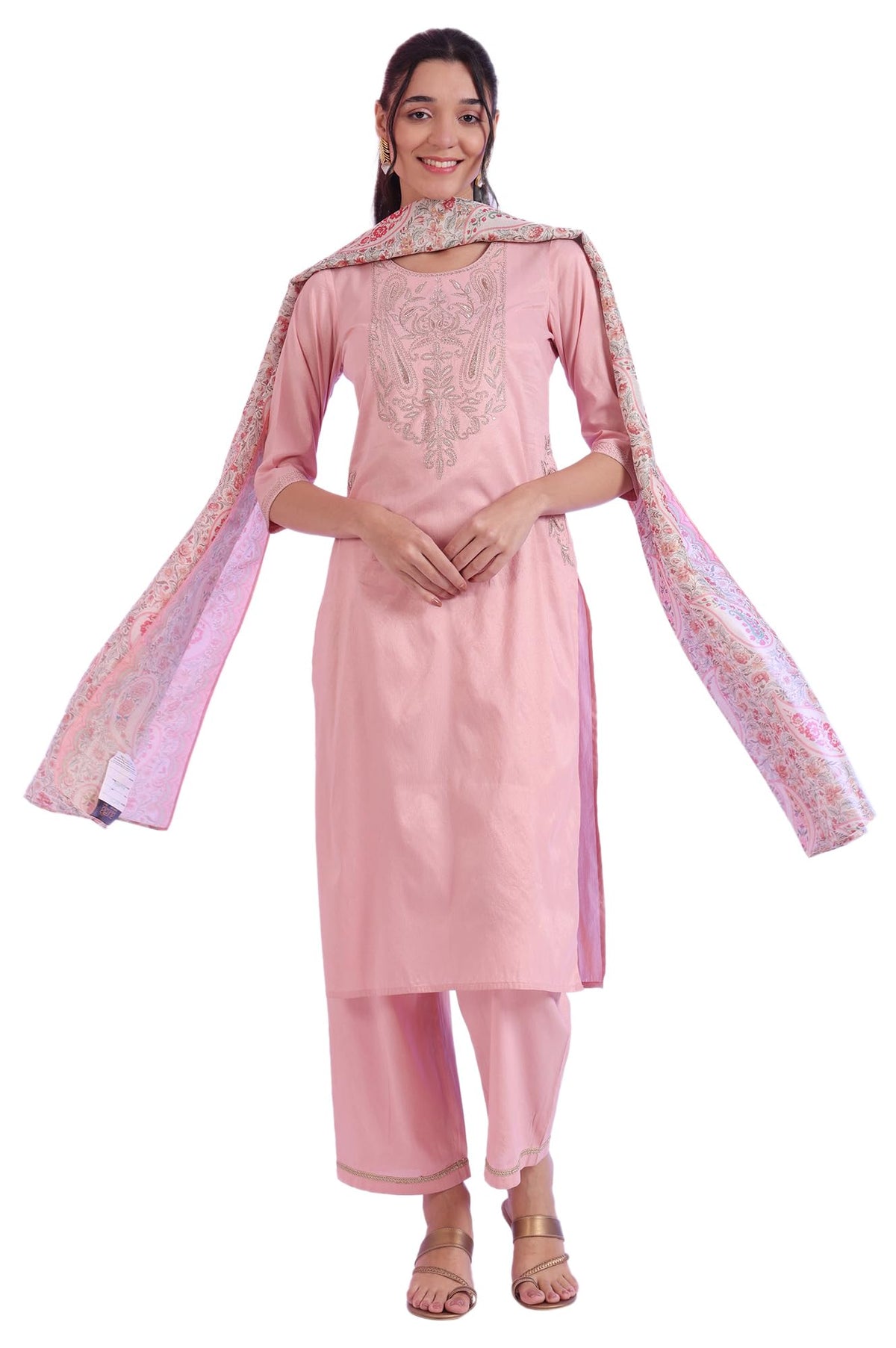 Aurelia Womens Pink Embroidered Blend Straight Kurta with Palazzos & Stole Set (Size: L)-AS15761-705460