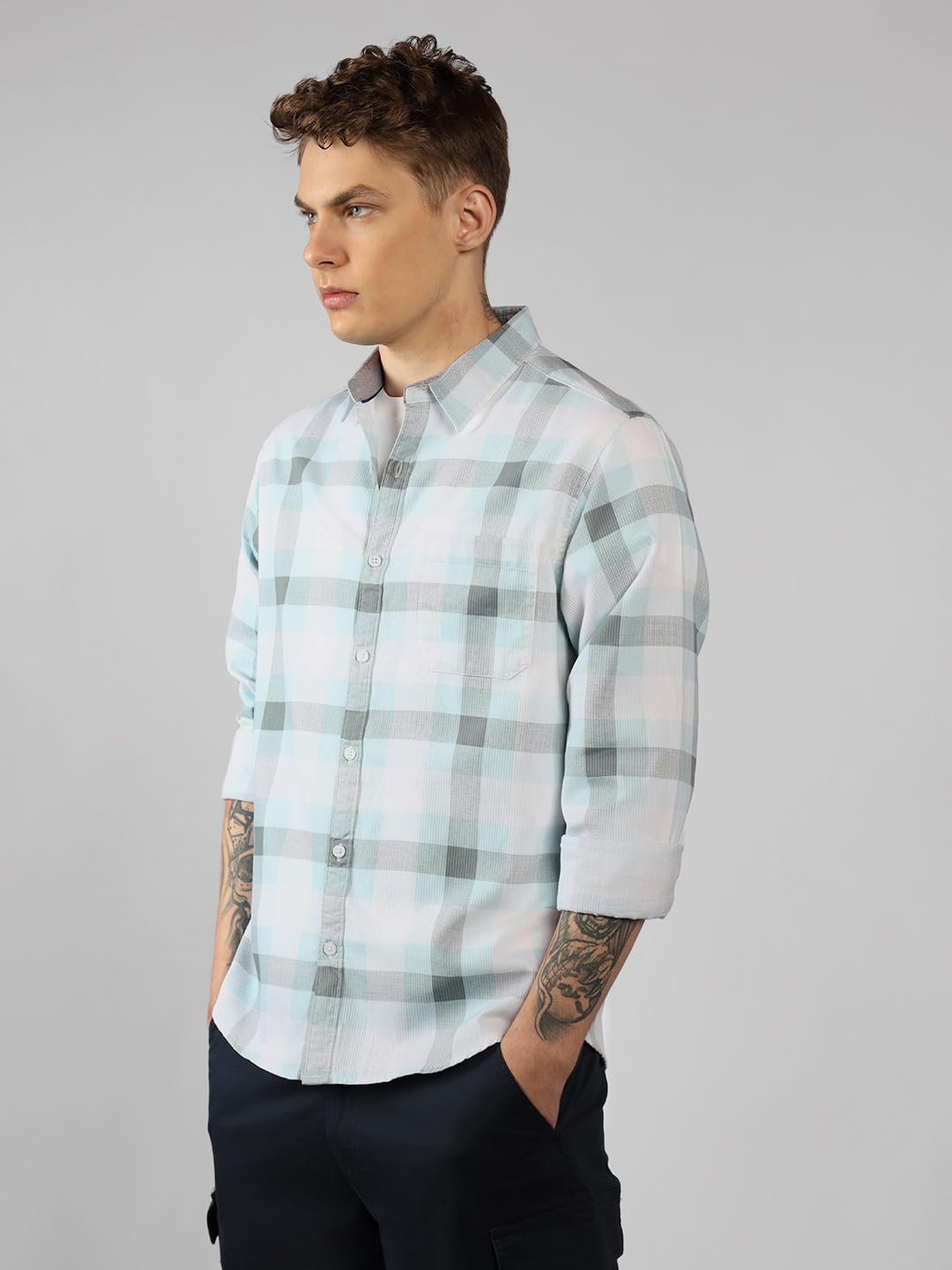 Dennis Lingo MenS| Blue| Full Sleeve| Spread Collar| Checkered| Regular Fit| Casual Shirt