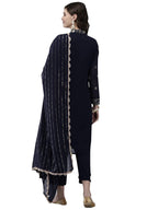 Ishin Women'S Georgette Navy Blue Embroidered A-Line Kurta With Trouser & Dupatta