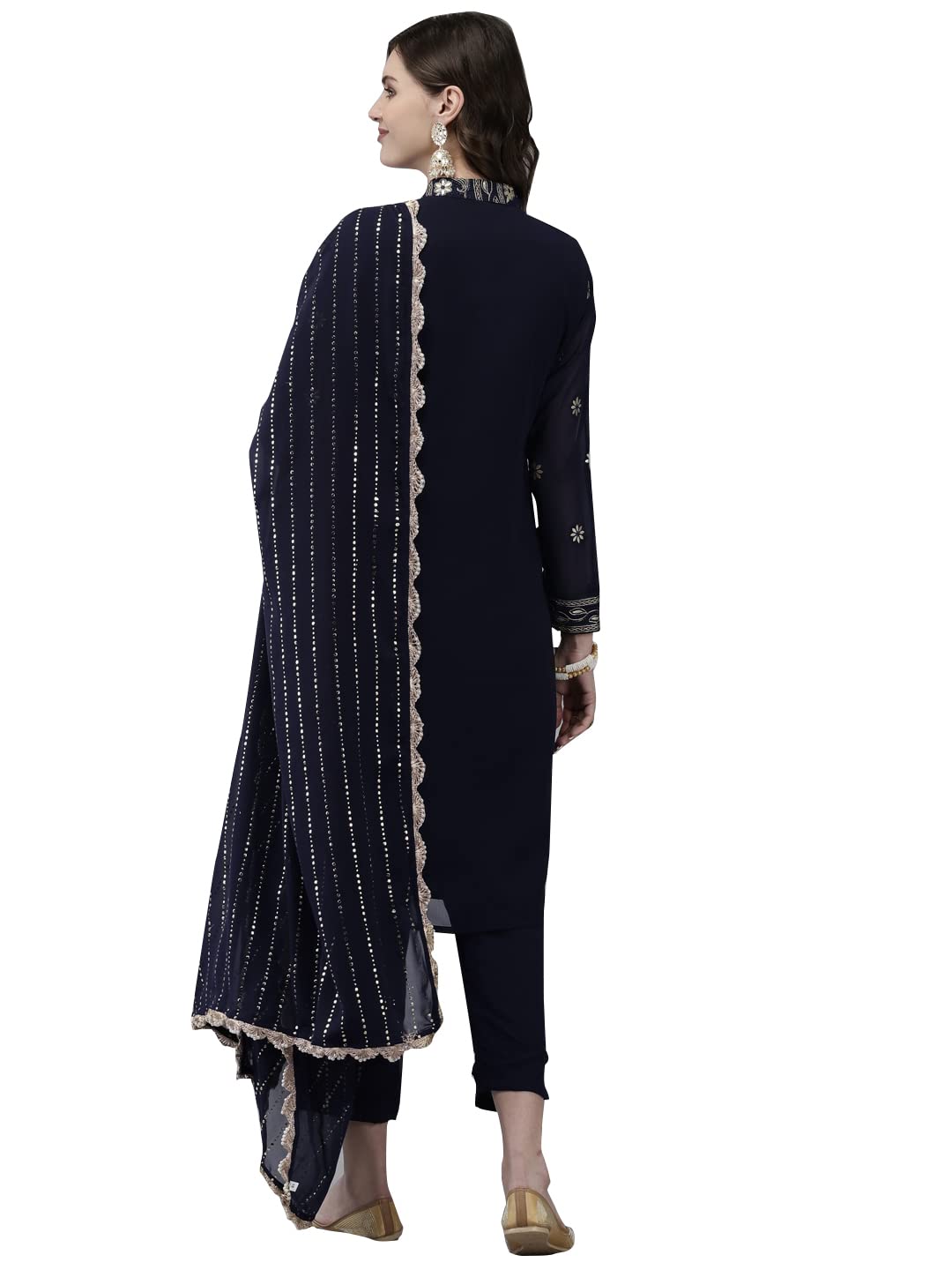 Ishin Women'S Georgette Navy Blue Embroidered A-Line Kurta With Trouser & Dupatta