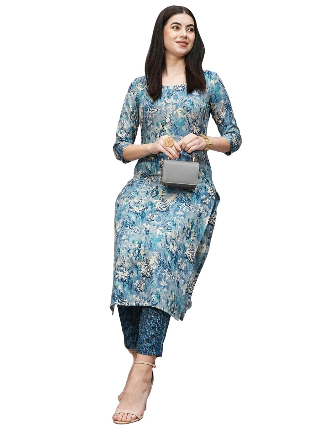 ANNI DESIGNER Ladies Cotton Blend Kurta & Trousers, Light Brown::Blue, L