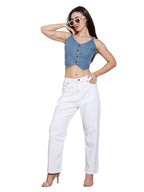 Miss Chase Womens V Neck Elasticated Straps Sleeve Waistcoat-Styled Cropped Denim Top (MCAW24DEN03-36-303-05, Mid Blue, L)