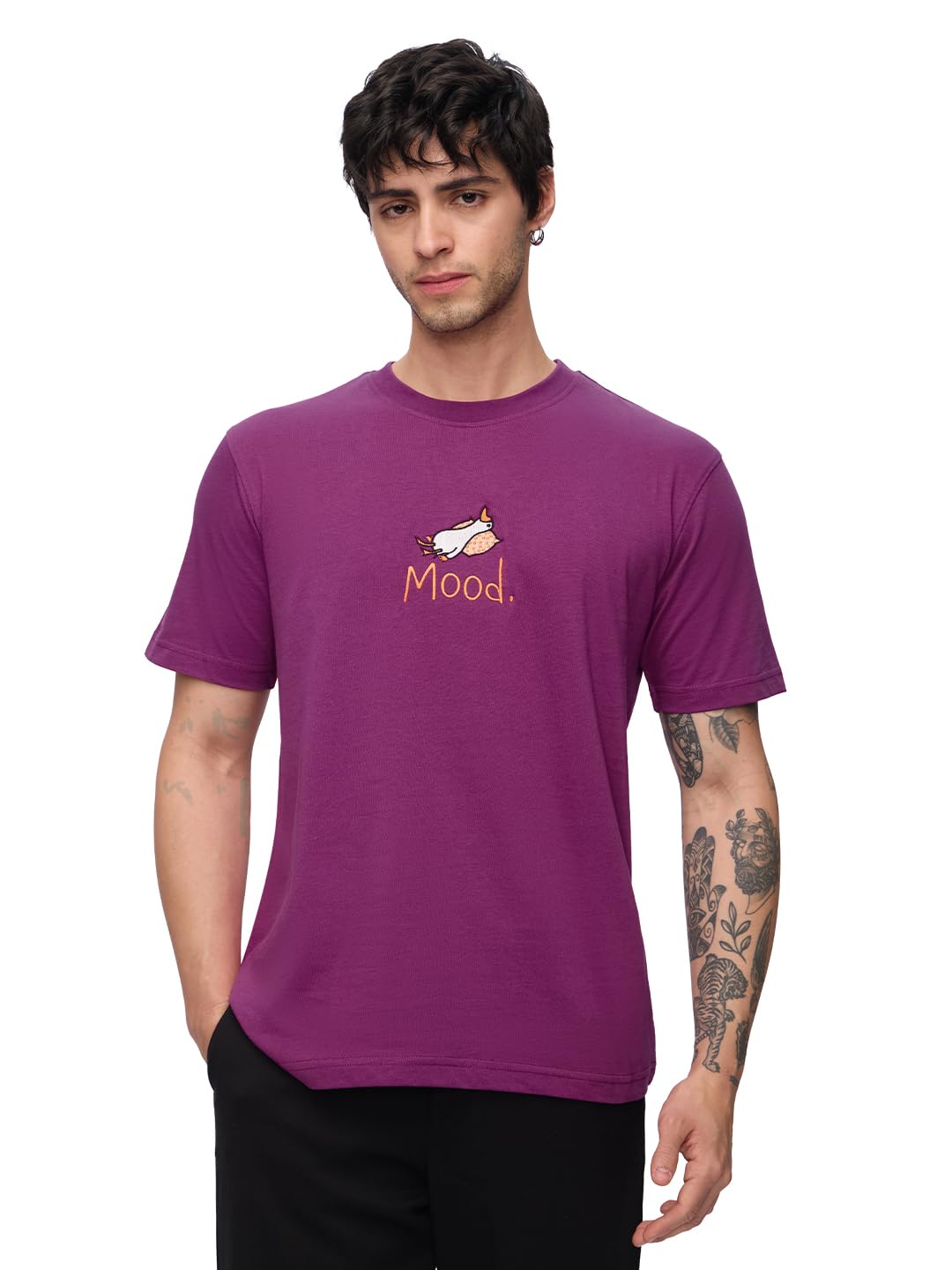 The Souled Store Ducky Men and Boys Short Sleeves Round Neck Purple Embroidered Regular Fit Cotton T-Shirts