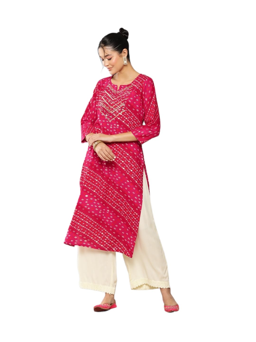 Aarika Womens Rani Colour Bandhani Print Embroidery Rayon Regular Fit Kurti (M-Xxl),Rani