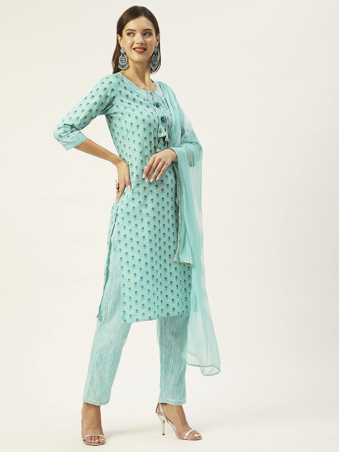 Anubhutee Women'S Cotton Blue Floral Printed Straight Kurta Suit Set With Pants And Dupatta