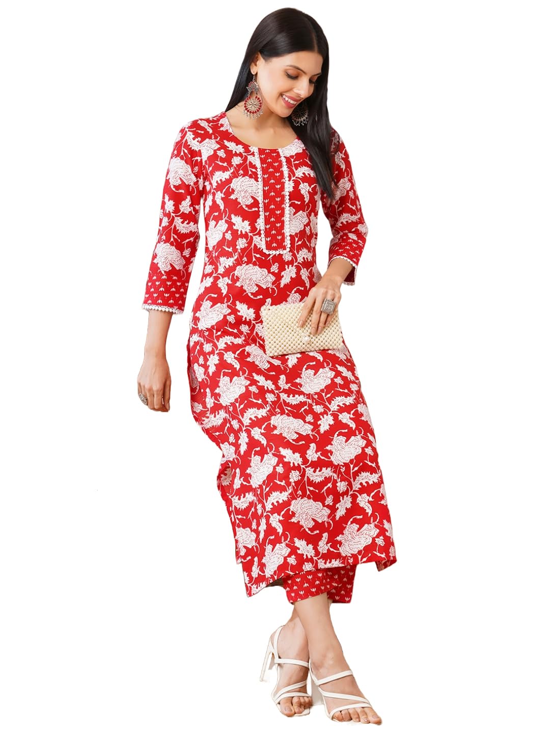 ANNI DESIGNER Ladies Rayon Blend Straight Print Kurta & Trousers, red, XXL
