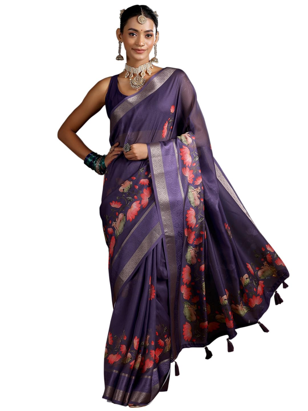 Libas WomenS Brasso Saree (16093R_Purple)