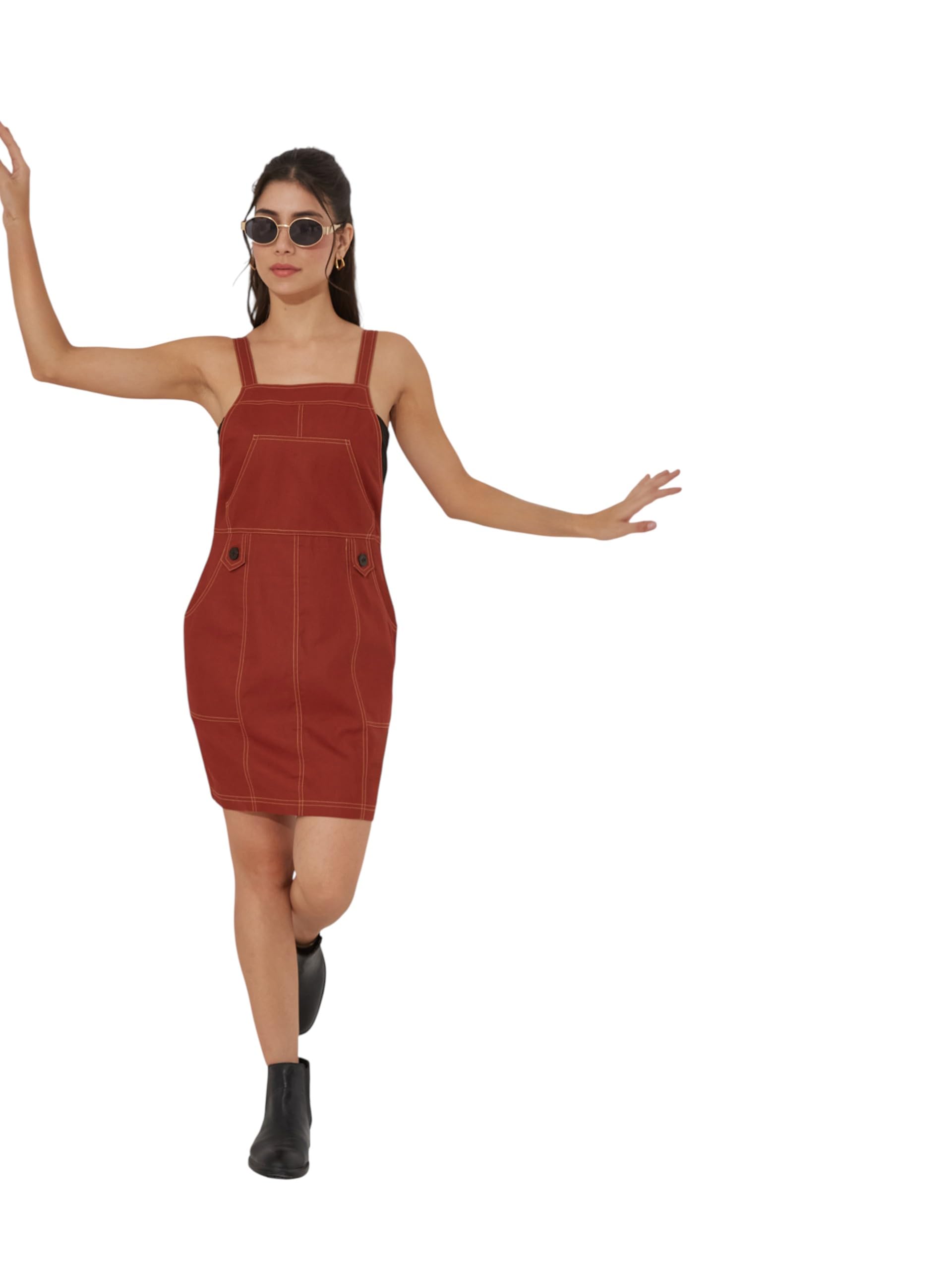 Miss Chase WomenS Square Neck Pinafore Knee-Long Cotton Dress (Mcss25D16-85-606-06, Rust, Xl)