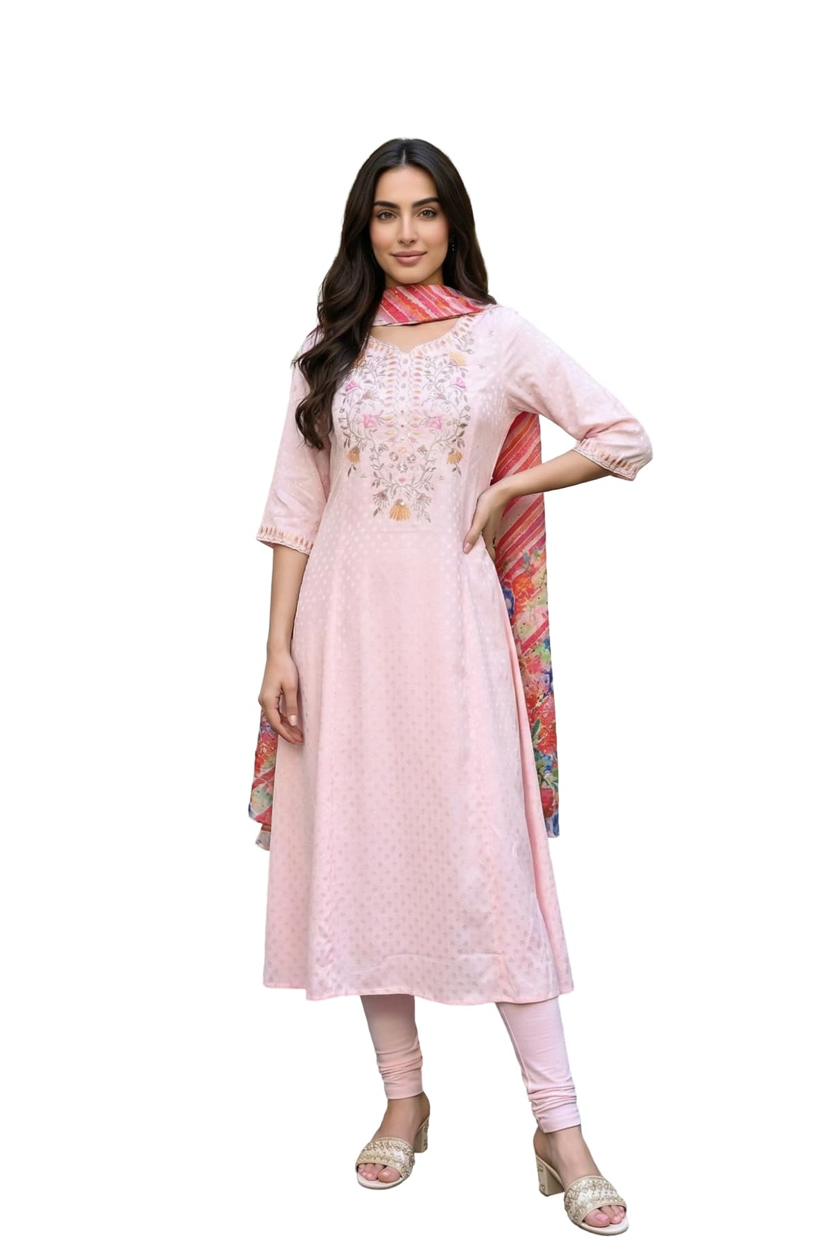 Aurelia WomenS Pink Embroidered Buti Shantung Anarkali Kurta With Tights And Dupatta Set - (As16392-609246-Xxl)