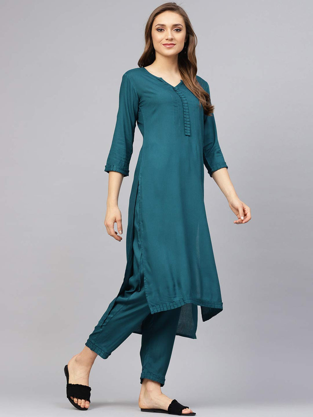 Idalia Rayon Solid Straight Kurta With Pant Set - Women Kurta Set For Wedding, Formal Occasions - 3/4 Sleeve, Calf Length, Round