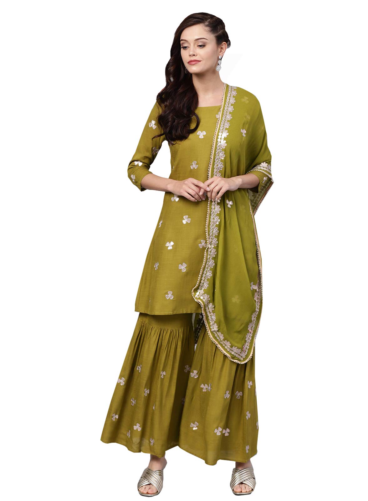 Ishin Women'S Rayon Green Embellished A-Line Kurta Set With Sharara And Dupatta