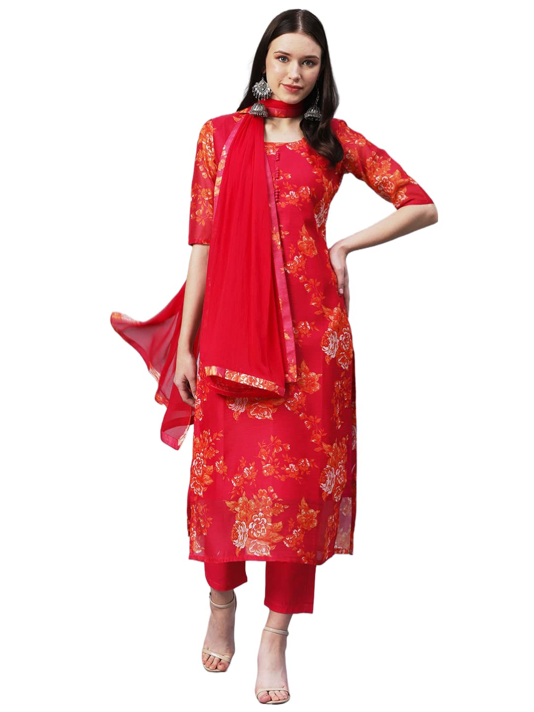 GoSriKi Womens Chanderi Cotton Printed Straight Kurta with Pant & Dupatta (AUX-Orange-GS_L_Pink_Large)