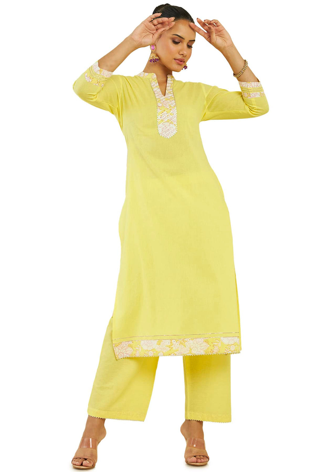 Soch Women Yellow Cotton Solid Kurta Set (8907715924831_Yellow_M)