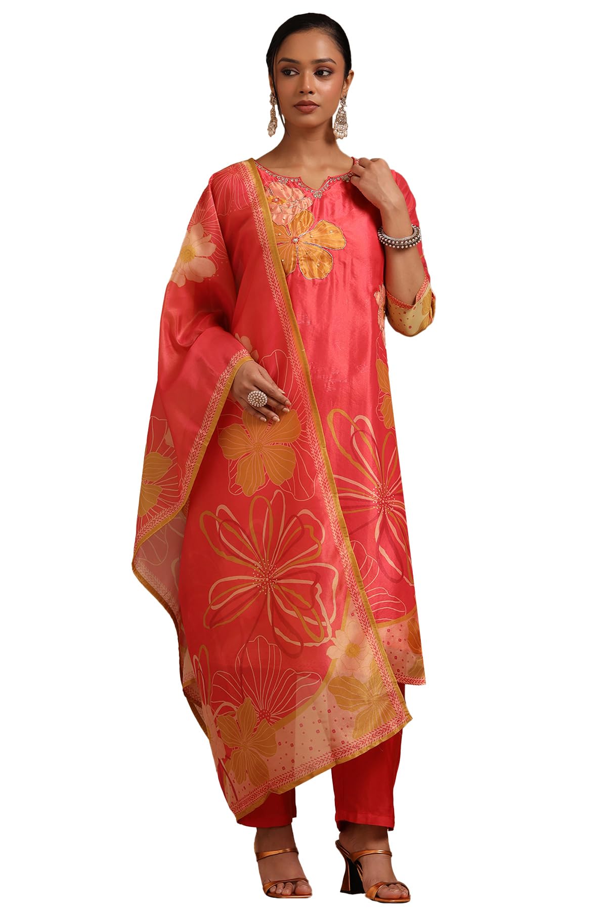 Soch Women Tissue Floral Print Suit Set with Mirror Work