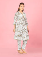 Aarika Girls Cream-Blue Color Cotton Kurti Pant Set
