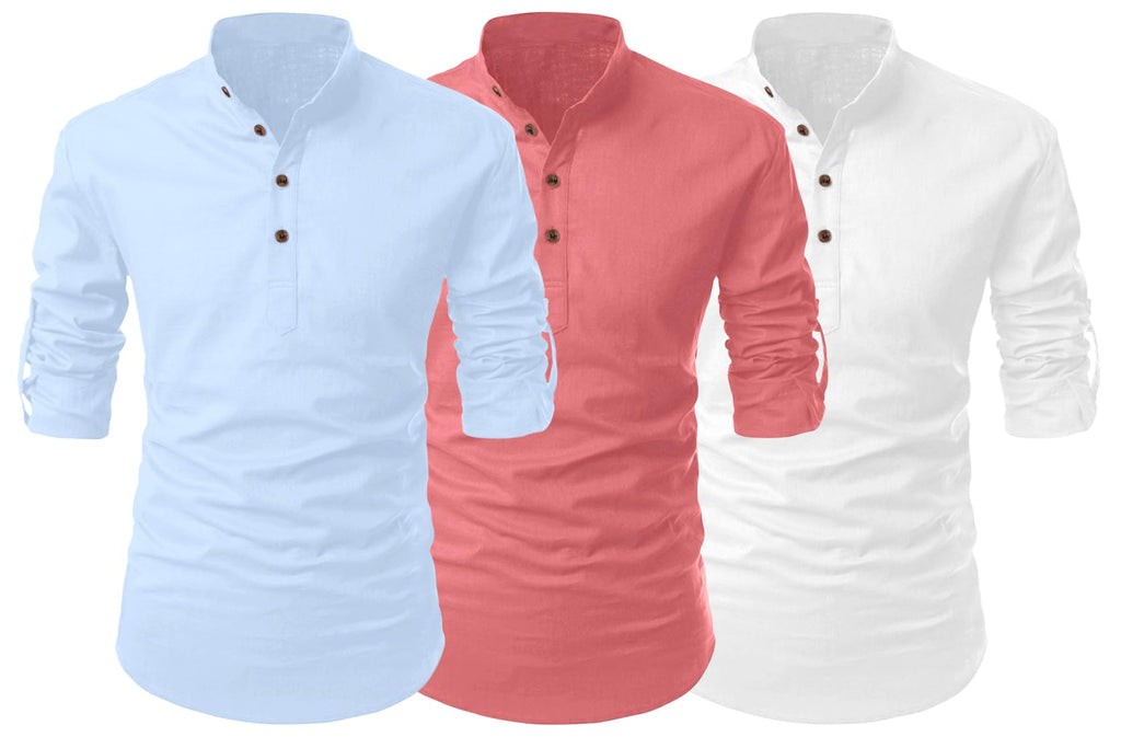 Finivo Fashion Combo Of MenS Cotton Blend Solid Full Sleeve Short Kurta