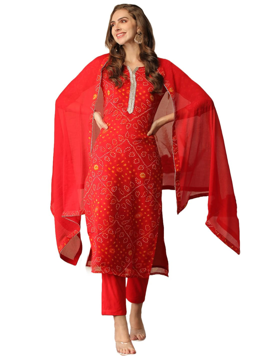 ANNI DESIGNER Womens Cotton Blend Bandhani Printed Straight Kurta with Pant & Dupatta (TURAE-RED-Nw_L_Red_Large)