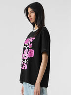 The Souled Store Peace & Love Women and Girls Short Sleeves Round Neck Black Graphic Printed Cotton Oversized T-Shirts