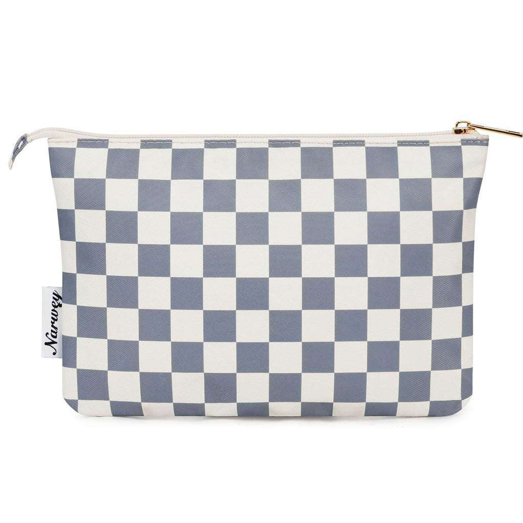Narwey Small Makeup Bag for Purse Travel Makeup Pouch Cosmetic Bag Zipper Pouch Bags for Women (Grayish Blue Checkerboard)