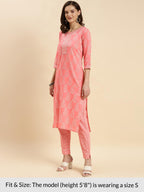 Rangita Peach Cotton Printed Straight Kurta With Pant | Kurta Set For Women_M