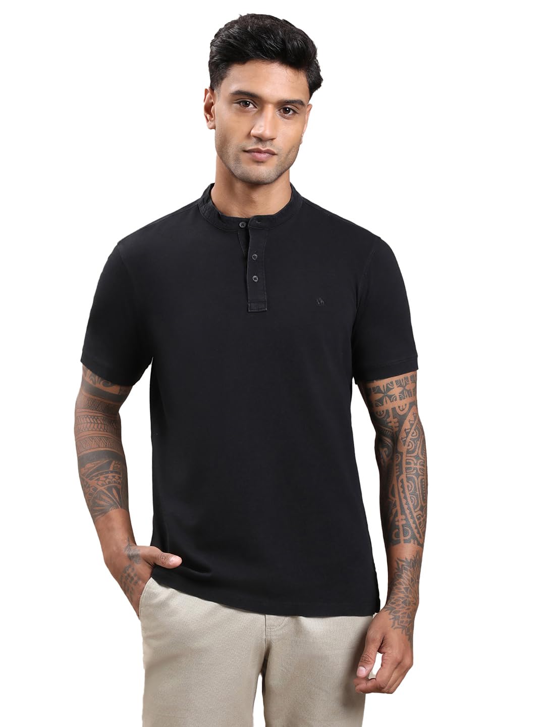 Turtle Men Cotton Stretch Solid Black Henley Neck Tshirt