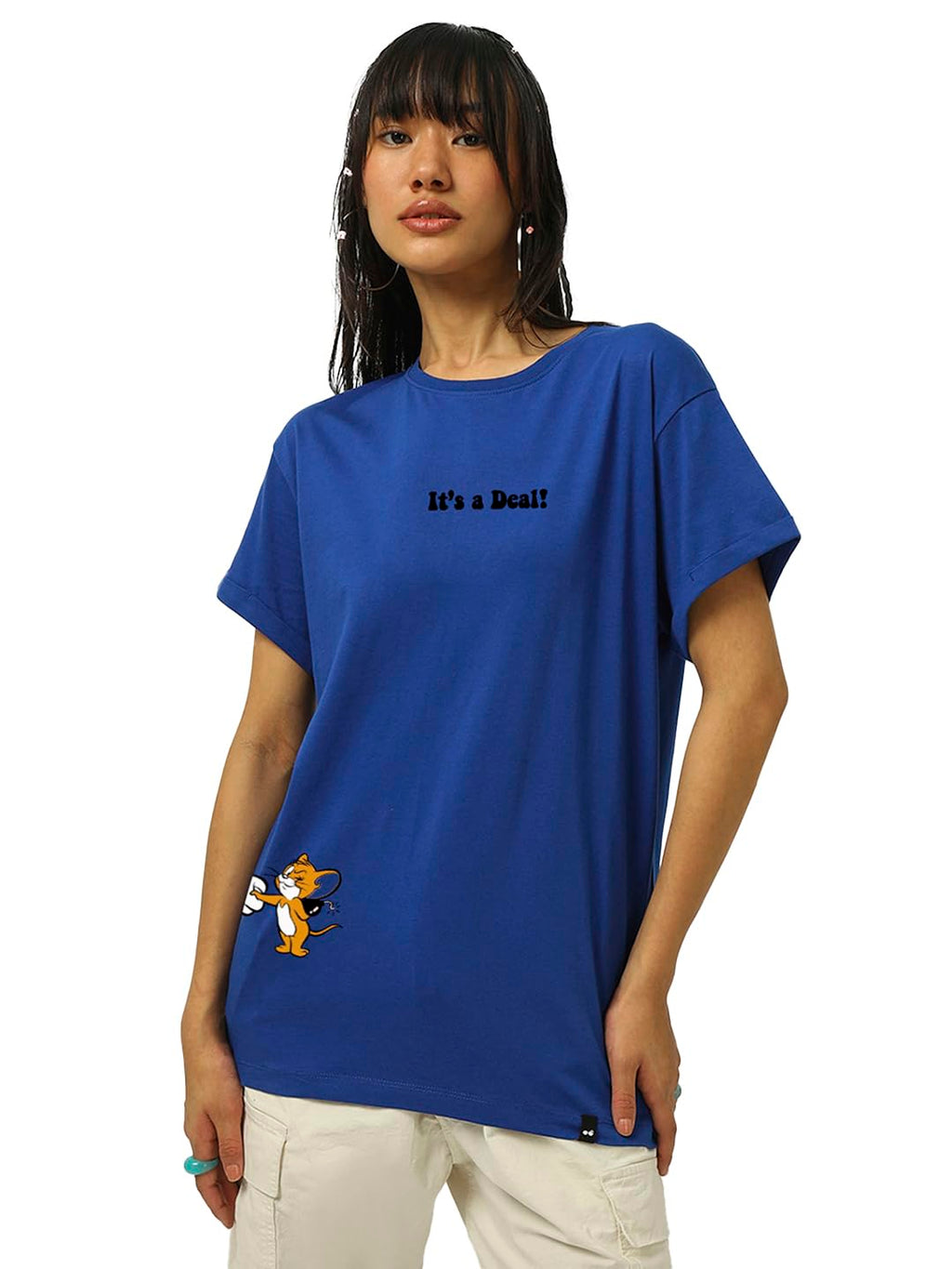 Bewakoof Official Tom & Jerry Merchandise Womens Graphic Printed Boyfriend Fit Half Sleeve Round Neck Cotton Jersey T-Shirt_ 62