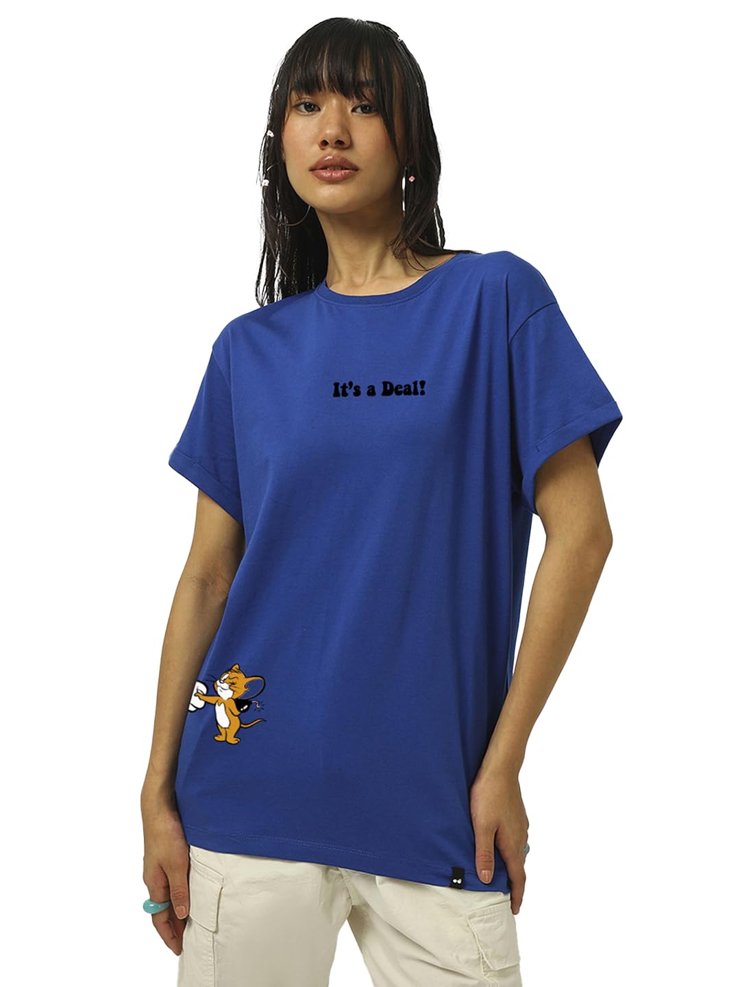 Bewakoof Women Cotton Regular Fit Official Tom & Jerry Merchandise Graphic Printed Boyfriend Fit Half Sleeve Round Neck T-Shirt_