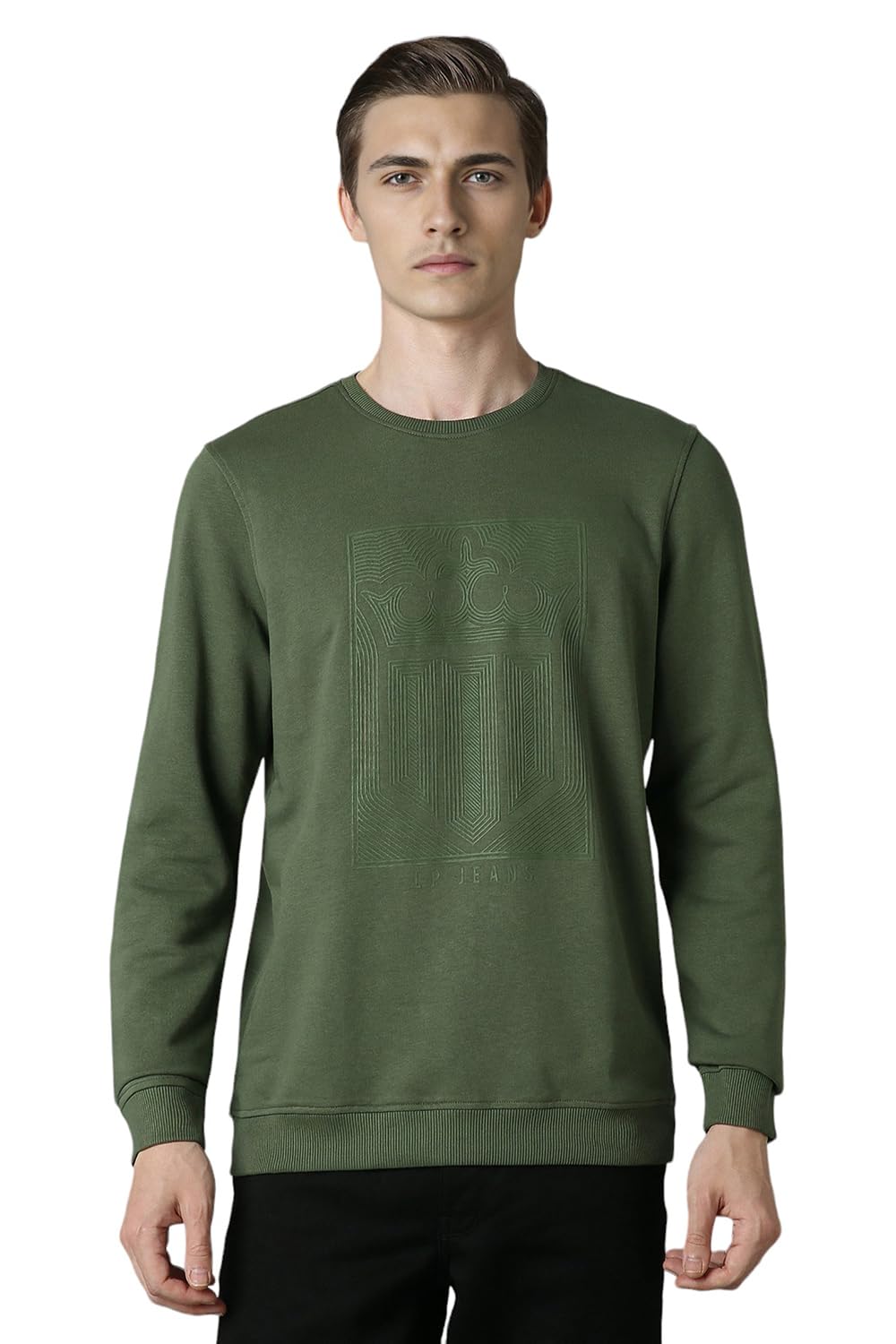 Louis Philippe Men Cotton Casual Black Graphic Print Sweatshirt, Regular, Round Neck, Large