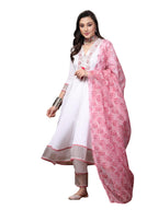 Stylum WomenS White Solid & Embroidered Italian Crush Anarkali Kurta Pant Dupatta Set