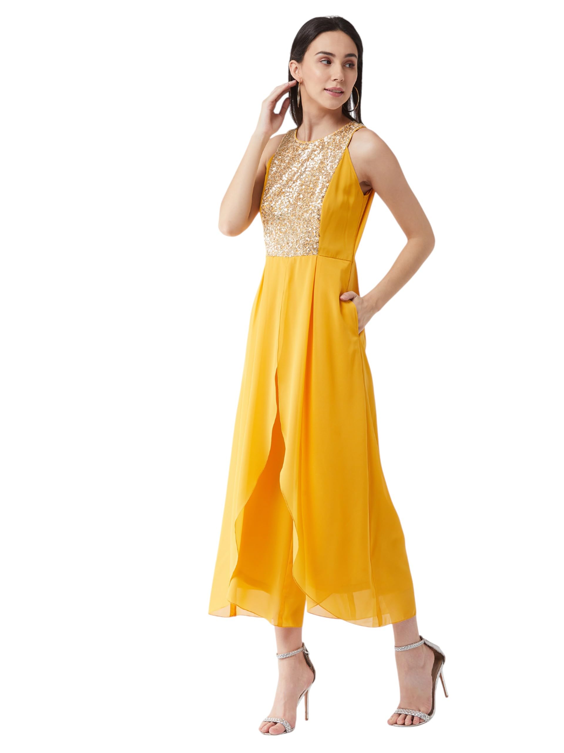 Miss Chase Womens Halter Neck Sleeveless Embellished Regular Jumpsuit (MCSS25D91-84-183-06, Mustard, XL)