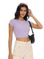 The Souled Store Solids: Lavender Women and Girls Short Sleeves Round Neck Cotton Blend Regular Fit Ribbed Cropped Tops
