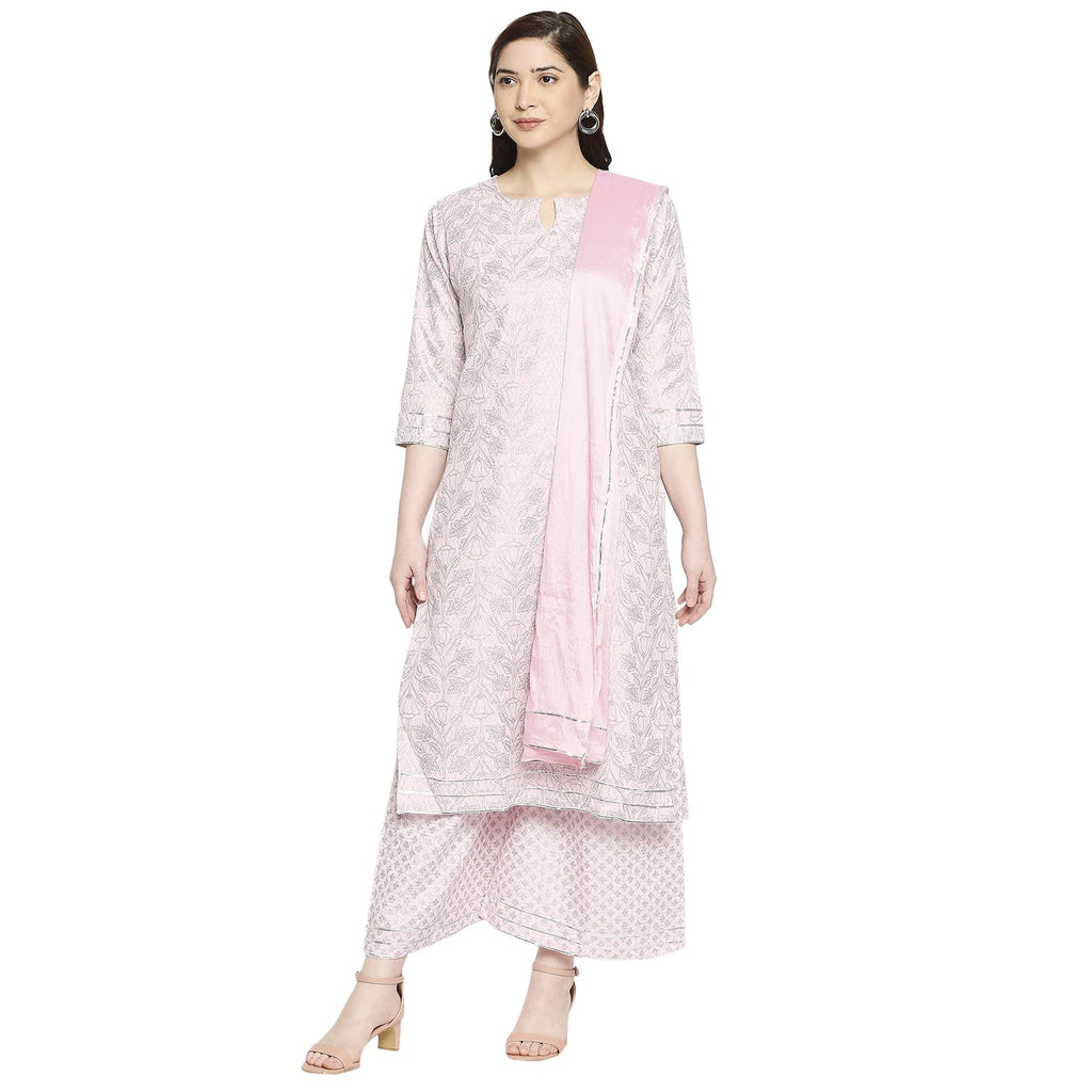 ANNI DESIGNER Ladies Cotton Straight Kurta with Trousers and Dupatta (LAHARIYA-Parrot_GSK), pink, L