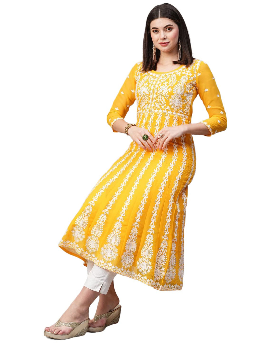 ANNI DESIGNER Womens Georgette Chikankari Embroidered Anarkali Kurti (Naav Yellow-Nw2_L_Yellow_Large)